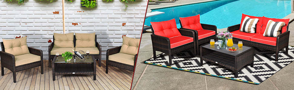 4 Piece Wicker Outdoor Furniture Set Rattan Patio Conversation Set with Coffee Table & Cushions