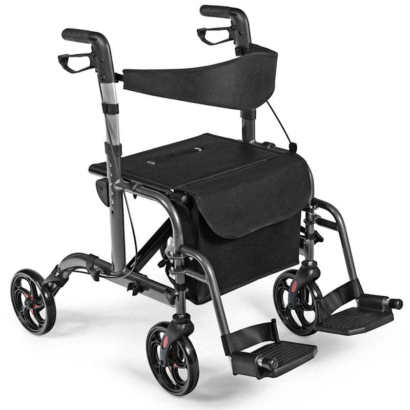 2-in-1 Folding Rollator Walker with Seat for Seniors, Aluminum Medical Walker Transport Chair Combo with 8" Wheels, Adjustable Handle & Backrest