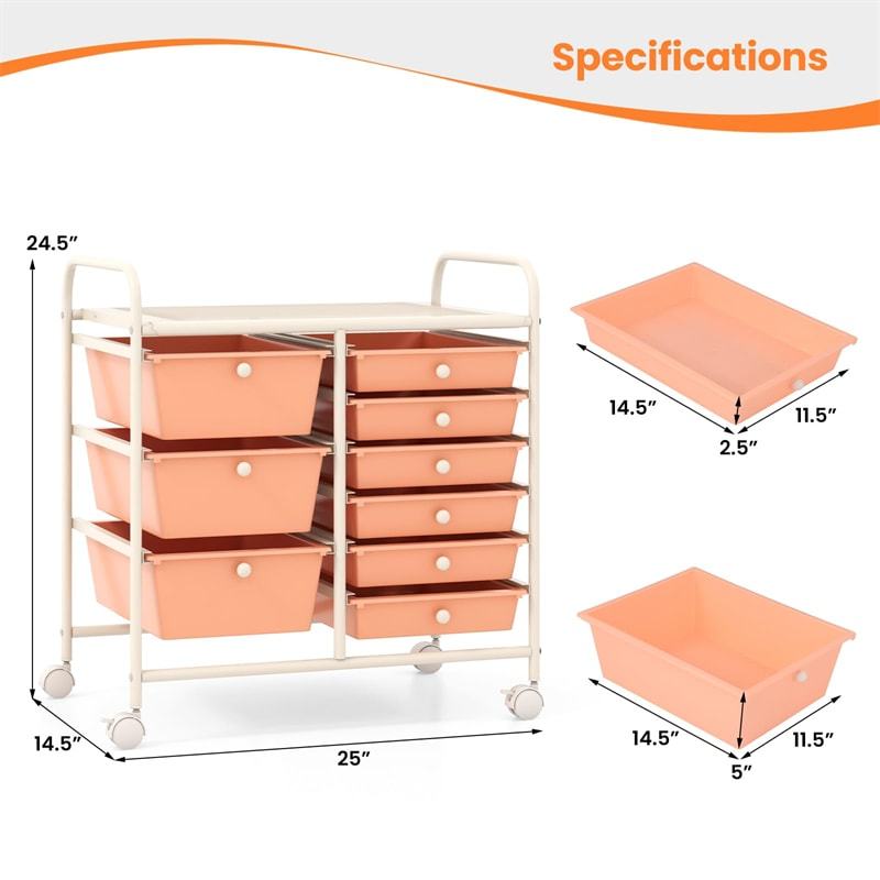 9-Drawer Rolling Storage Cart, Mobile Art & Craft Supply Organizer on Wheels, Metal Frame, Drawer Utility Cart for Classroom Office Home Salon