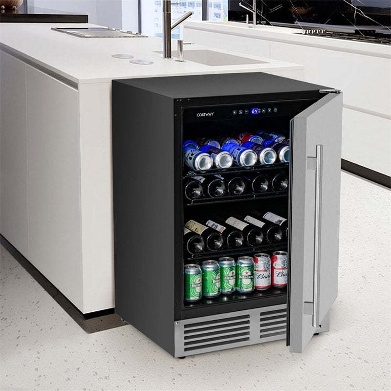 24" Beverage Refrigerator, 190-Can Undercounter Drink Fridge with Stainless Steel Door & Removable Shelves, Built-in or Freestanding for Home Office