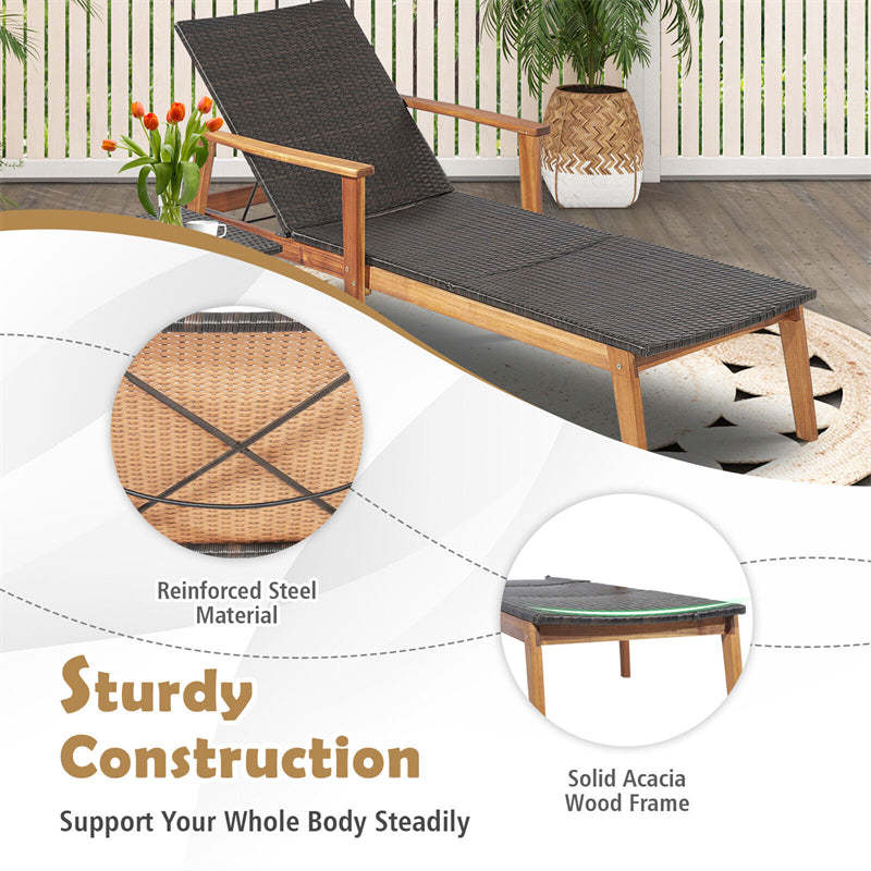 2-Piece Outdoor Wicker Chaise Lounge & Table Set 4-Position Adjustable Patio Recliner Chair with Folding Side Table & Acacia Frame