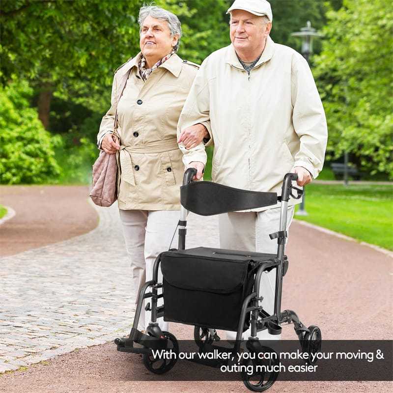 2-in-1 Folding Rollator Walker with Seat for Seniors, Aluminum Medical Walker Transport Chair Combo with 8" Wheels, Adjustable Handle & Backrest
