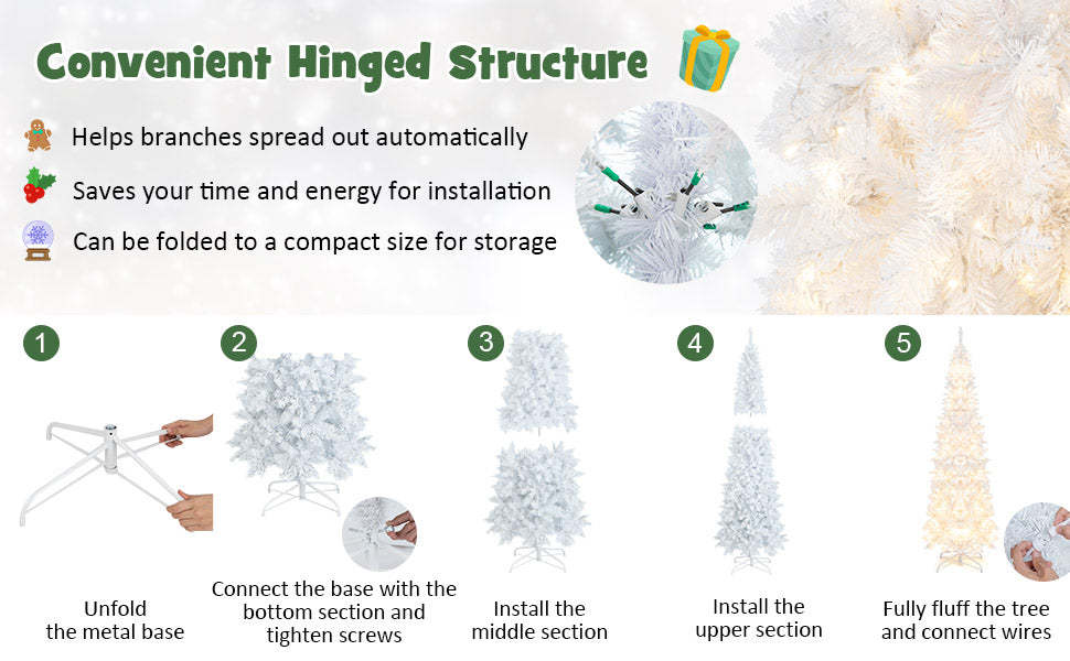 7ft White Pre-Lit Pencil Christmas Tree Hinged Slim Artificial Tree with 800 Branch Tips 300 Lights 8 Lighting Modes