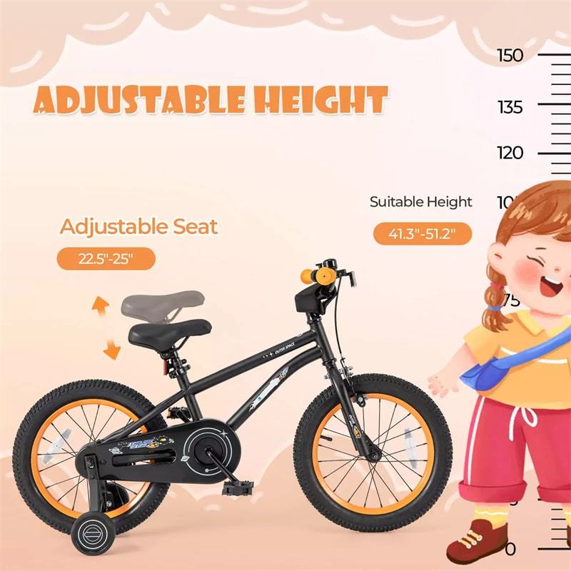 16-Inch Kids Bike, Sports Bicycle for 4-7 Years Old with Height Adjustable Seat, Fully Enclosed Chain Guard & Removable Training Wheels