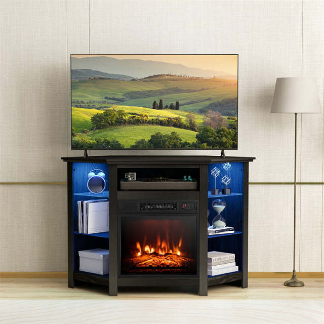 45" Corner Fireplace TV Stand for 50" TVs, Modern Fireplace Entertainment Center with 16-Color LED Lights, Smart APP Control, Adjustable Shelves