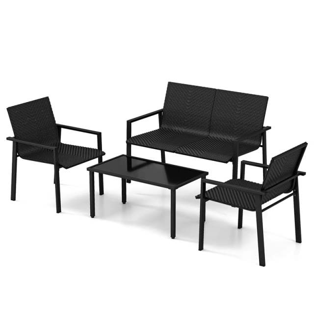 4 Piece Patio PE Rattan Furniture Set Outdoor Wicker Loveseat Chair Table Set Heavy Duty Galvanized Metal Frame for Small Space Balcony