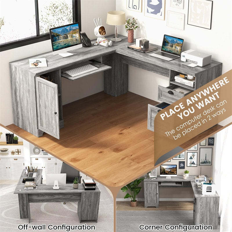 66" L-Shaped Office Desk, Modern Executive Corner Computer Desk with Power Outlets, Storage, Adjustable Shelf, Keyboard Tray for Working Writing