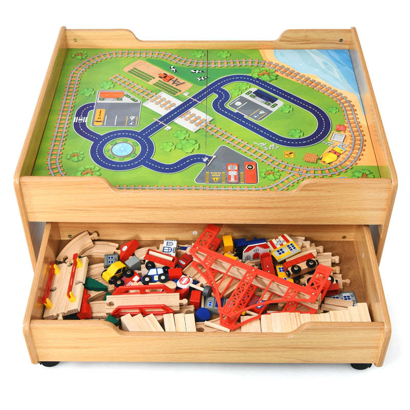 Wooden Kids Train Table with 100 Multicolor Pieces, Tracks & Storage Drawer, Activity Play Table Toddler Toy Train Table, Gift for Boys Girls