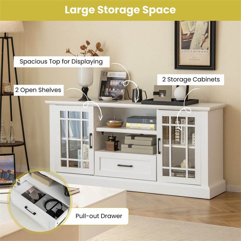 Farmhouse TV Stand for TVs up to 70", Entertainment Center Tall Media Console with 2 Glass Doors, Cubbies & Drawer, Living Room Storage Cabinet