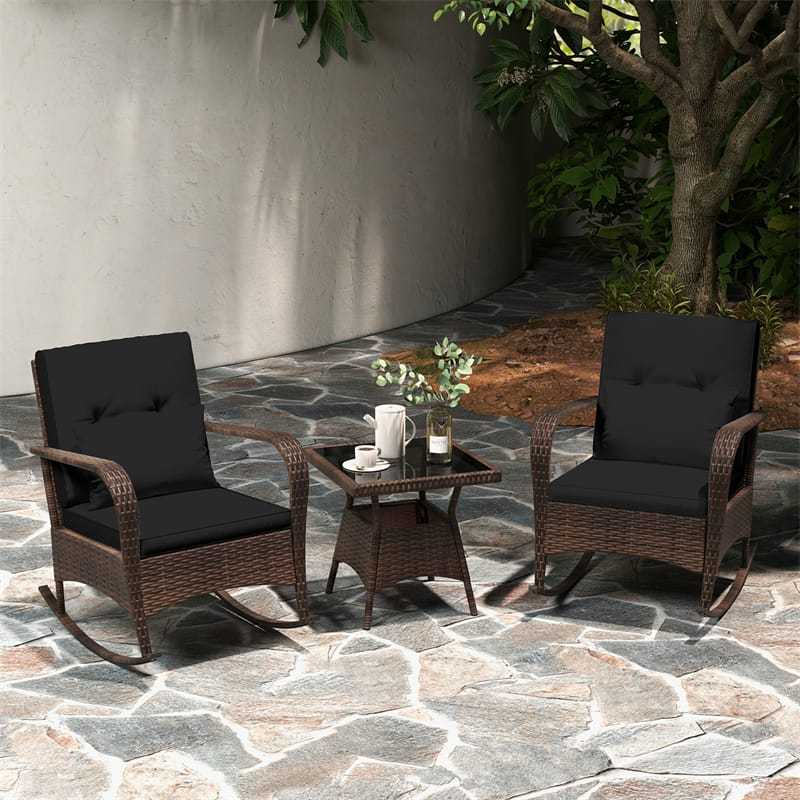 3-Piece PE Rattan Rocking Bistro Set with Removable Cushions & Tempered Glass Table, Outdoor Patio Furniture Set for Porch, Poolside, Backyard