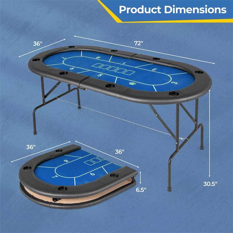8-Player Poker Table, 72" Foldable Card Game Table with 8 Cup Holders, Casino-Grade Felt Surface, Portable Texas Holdem Table for Blackjack