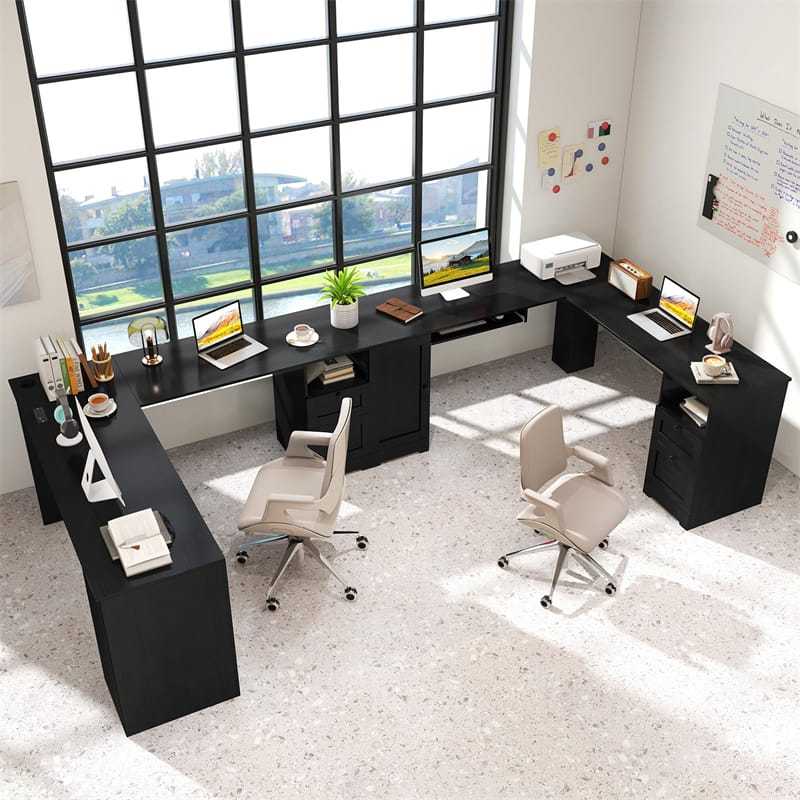 66" L-Shaped Office Desk, Modern Executive Corner Computer Desk with Power Outlets, Storage, Adjustable Shelf, Keyboard Tray for Working Writing