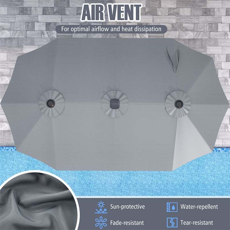 15.5FT Extra Large Patio Umbrella with 144 Solar LED Lights & Crank Handle, 12 Heavy-Duty Ribs Double-Sided Market Umbrella for Deck, Poolside