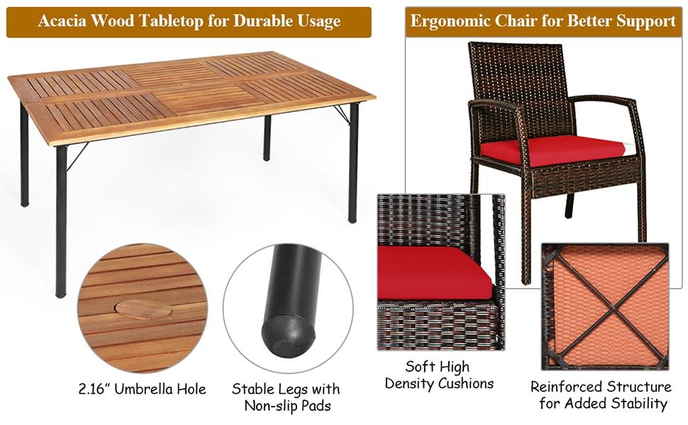 7 Pieces Acacia Wood Wicker Patio Dining Set with Cushions & Umbrella Hole