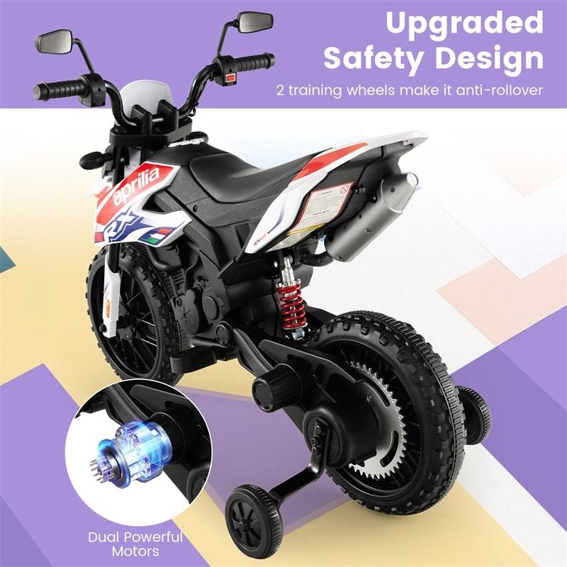 12V Kids Ride On Motorcycle, Licensed Aprilia Electric Dirt Bike with Training Wheels & Headlights, Battery Powered Ride On Car for Ages 3+