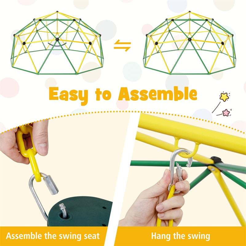 10FT Climbing Dome with Swing, Geometric Dome Climber Indoor Outdoor Jungle Gym Monkey Bar Climbing Toys for Kids Toddlers