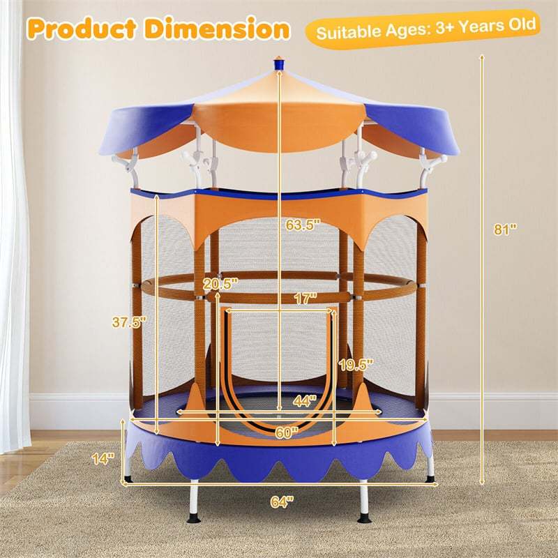 64" Mini Kids Trampoline, ASTM Approved Toddler Trampoline with Detachable Canopy, Safety Enclosure Net & Handrail for Indoor Outdoor Use