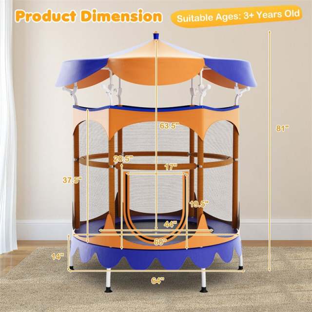 64" Mini Kids Trampoline, ASTM Approved Toddler Trampoline with Detachable Canopy, Safety Enclosure Net & Handrail for Indoor Outdoor Use