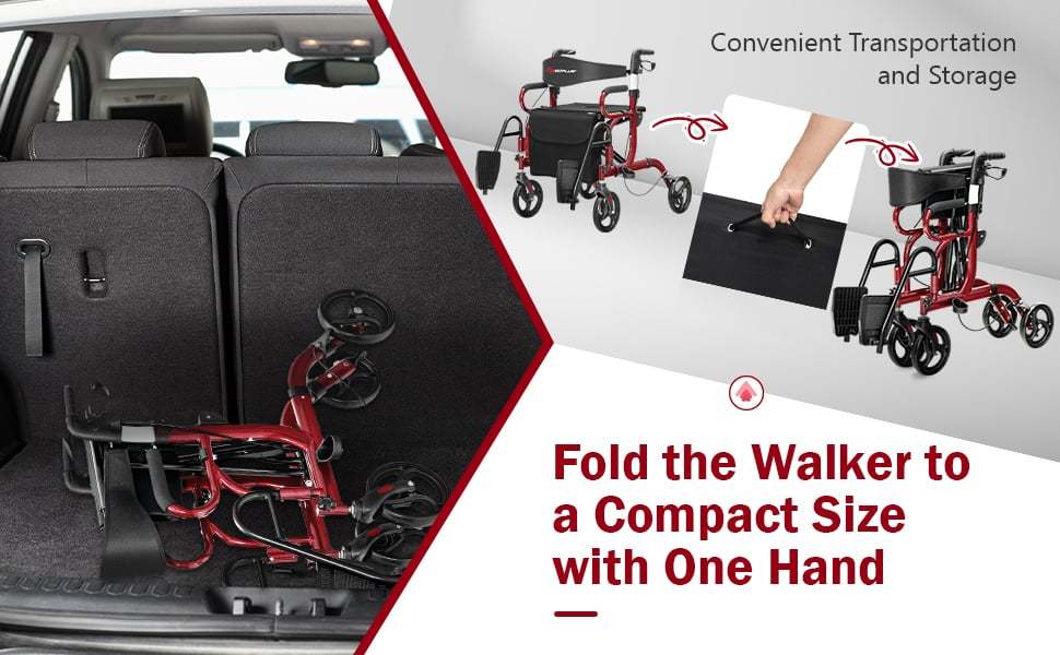 2-in-1 Rollator Walker for Seniors, Folding Medical Walker Transport Chair with Seat, 8" Wheels, Supports 350lbs, Aluminum Mobility Walking Aid