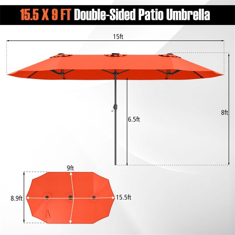15.5FT Extra Large Patio Umbrella with 144 Solar LED Lights & Crank Handle, 12 Heavy-Duty Ribs Double-Sided Market Umbrella for Deck, Poolside