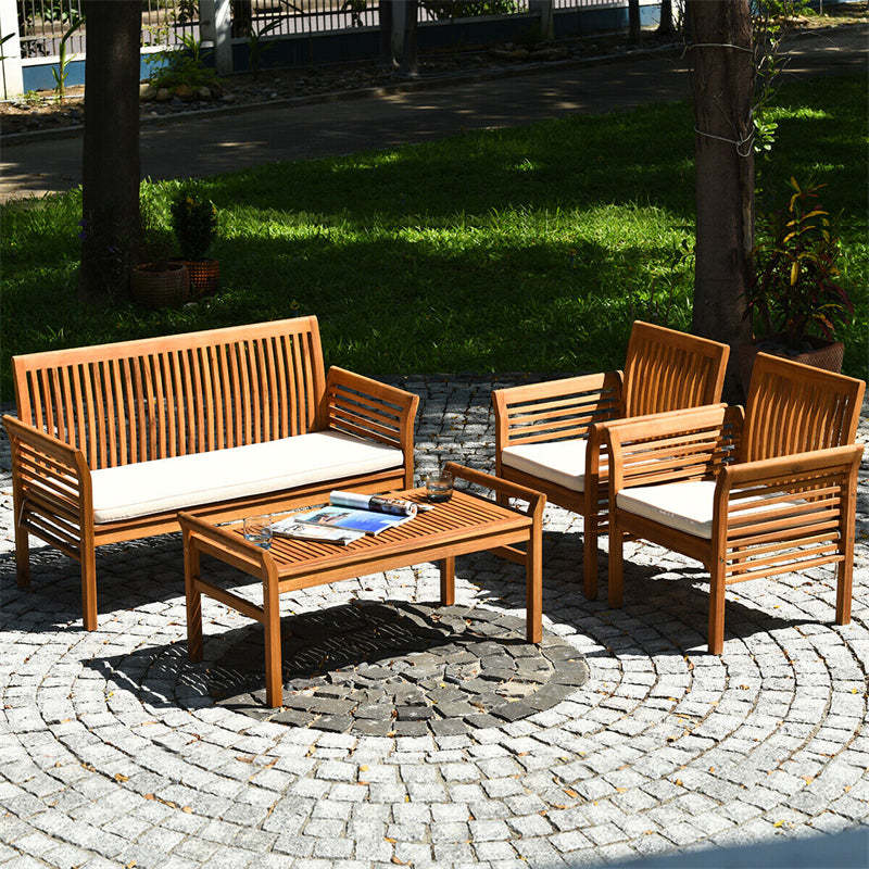 4 Piece Outdoor Acacia Wood Sofa Set with Waterproof Cushions & Coffee Table, Wooden Patio Conversation Set for Backyard, Poolside, Garden