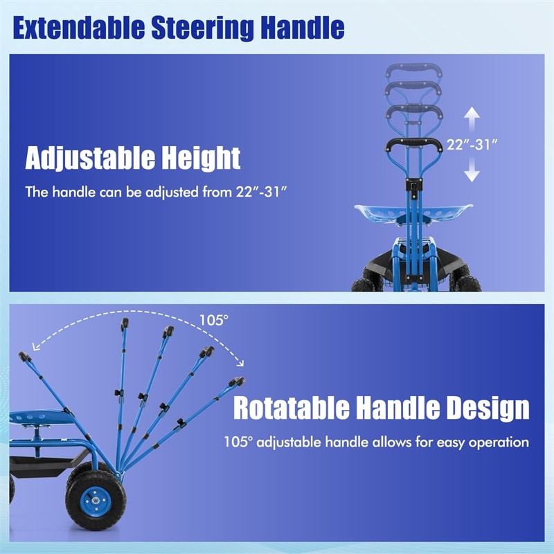 Heavy Duty Rolling Garden Cart with 360° Swivel Seat, Extendable Handle, Tool Tray & Storage Basket, 4-Wheel Gardening Workseat for Patio Yard
