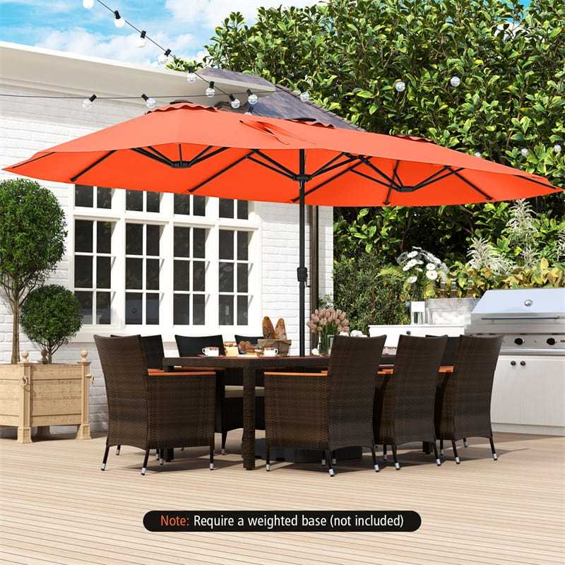 15.5FT Extra Large Patio Umbrella with 144 Solar LED Lights & Crank Handle, 12 Heavy-Duty Ribs Double-Sided Market Umbrella for Deck, Poolside