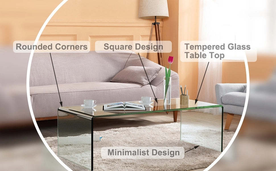 42 x 19.7" Clear Tempered Glass Coffee Table with Rounded Edges for Living Room