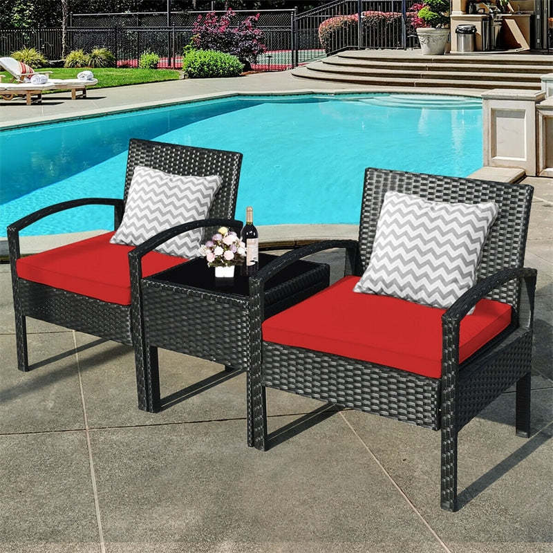 3-Piece Rattan Patio Conversation Set Wicker Bistro Furniture Set Cushioned Sofa Deck