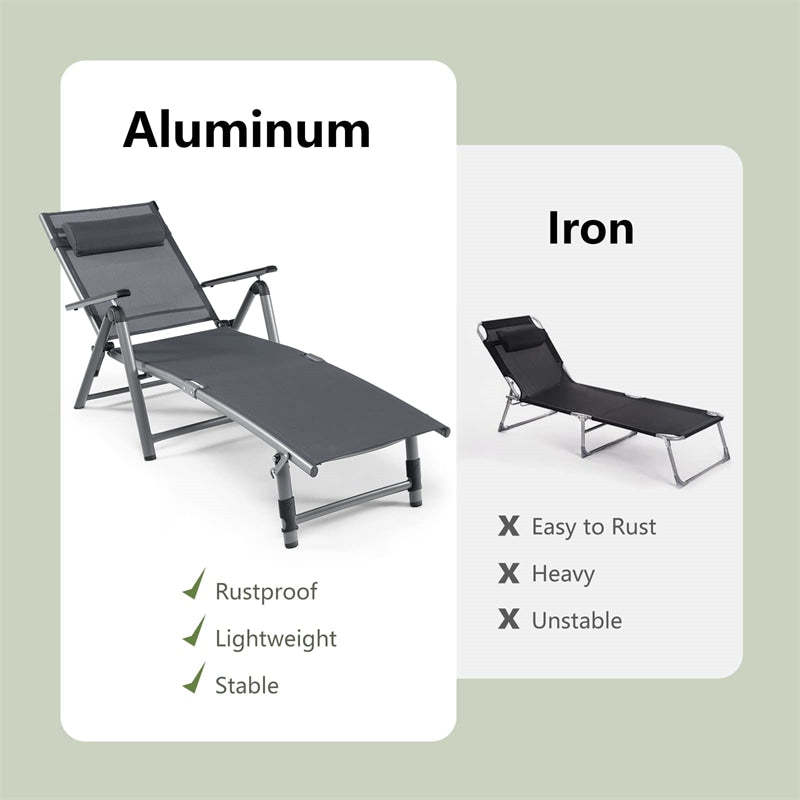 2PCS Aluminum Folding Chaise Lounge with Headrest Pillow, 8-Position Backrest & 2-Leg Adjustment, Reclining Lounge Chair for Poolside, Backyard, Beach