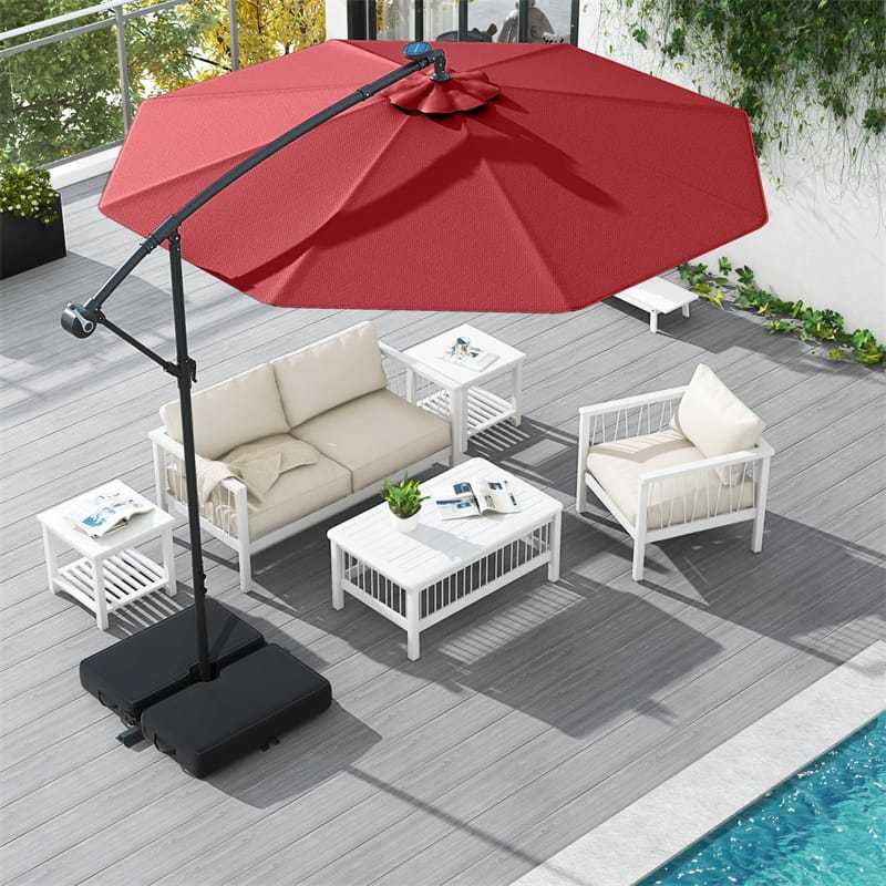 10FT Solar Offset Patio Umbrella, Hanging Cantilever Umbrella with 32 LED Lights, Adjustable Tilt, Sand Bag Base for Garden, Poolside, Yard
