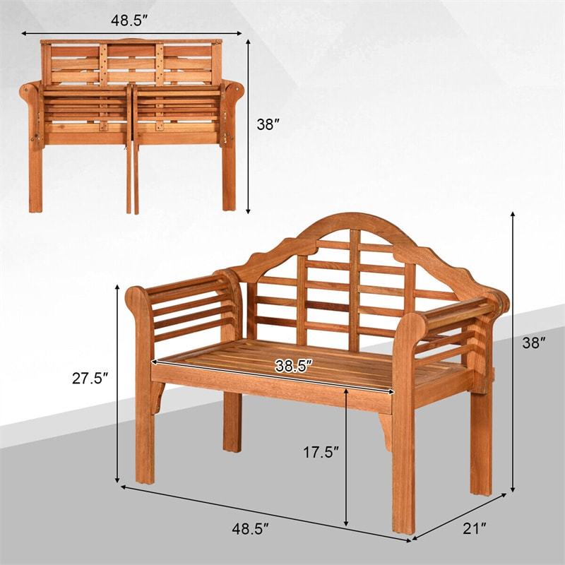 Outdoor Folding Bench Eucalyptus Wood Garden Bench 49" Queen Bench Patio Loveseat Chair with Backrest & Armrest