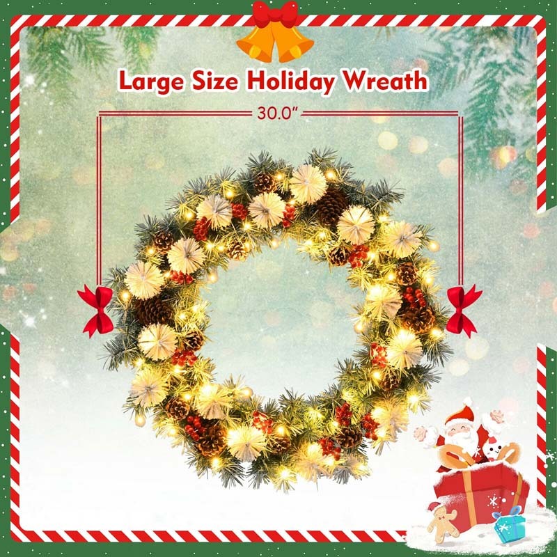 30" Pre-lit Snowflocked Artificial Christmas Wreath with 50 LED Lights