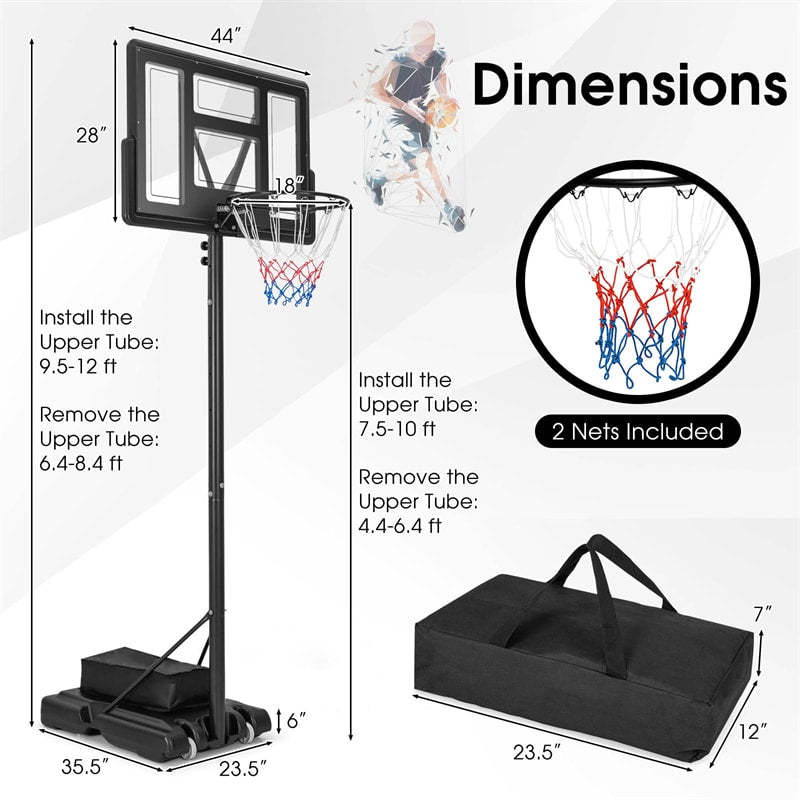 4.4-10FT Adjustable Basketball Hoop, Portable Basketball Goal System with 44" Shatterproof Backboard, Fillable Base, Weight Bag for Indoor Outdoor Use