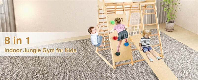 8-in-1 Kids Indoor Jungle Gym, Wooden Montessori Playground Climbing Playset with Slide, Swing, Monkey Bars, Rope Ladder for Boys & Girls