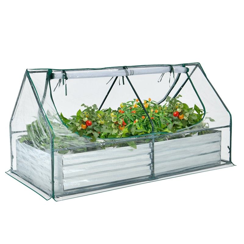 Galvanized Steel Raised Garden Bed with Greenhouse, PVC Cover & 2-Tier Roll-Up Windows, Bottomless Planter Box for Veggies, Flowers, Herbs