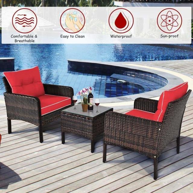 3 Piece Rattan Patio Furniture Set Outdoor Conversation Set Wicker Chairs with Cushions & Glass Top Coffee Table for Garden Lawn Yard