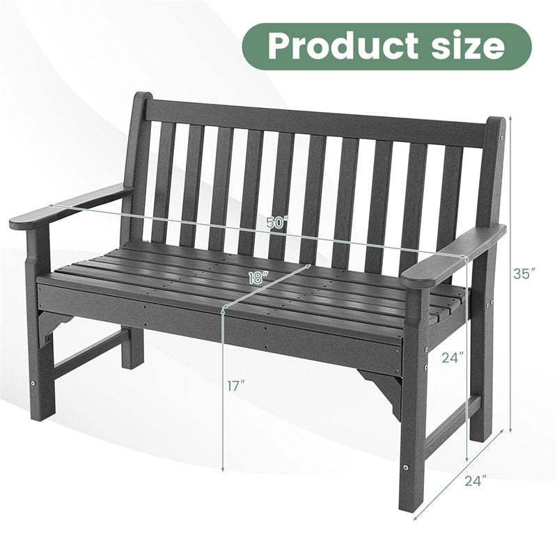 Outdoor Garden Bench All-Weather HDPE Park Bench 2-Person Patio Bench with Slatted Backrest & Armrest for Backyard Lawn