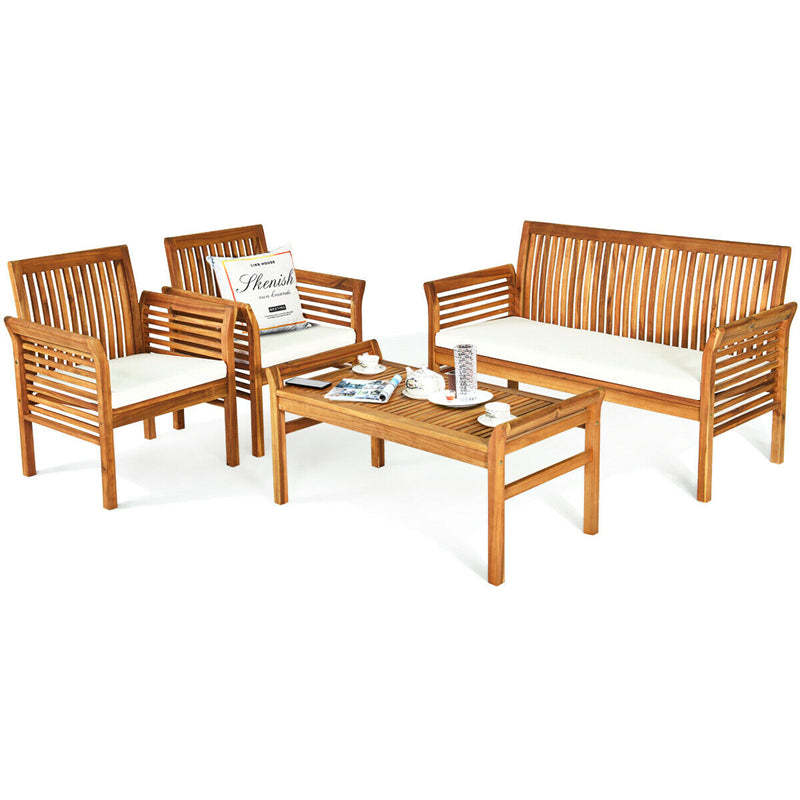 4 Piece Outdoor Acacia Wood Sofa Set with Waterproof Cushions & Coffee Table, Wooden Patio Conversation Set for Backyard, Poolside, Garden