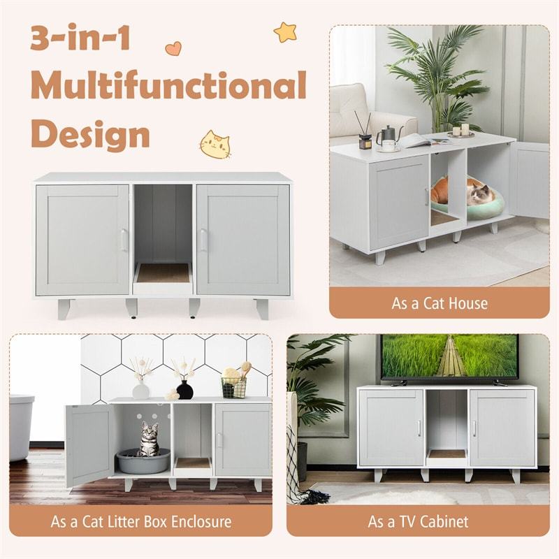 Double Cat Litter Box Enclosure, Large Hidden Cat Washroom Furniture with 2 Cabinets & Scratching Board, Cat House TV Stand Side Table
