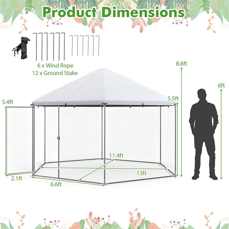 13FT Large Chicken Coop, Hexagonal Galvanized Steel Walk-in Poultry Cage Rabbit Hen Run House with Waterproof Cover for Backyard, Farm