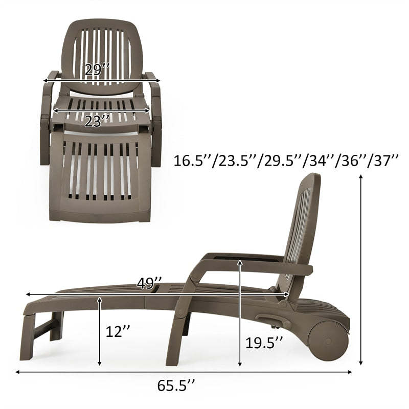 he Folding Outdoor Chaise Lounge, Weatherproof Plastic Lounge Chair with 6-Position Adjustable Backrest & Wheels for Poolside, Patio, Beach