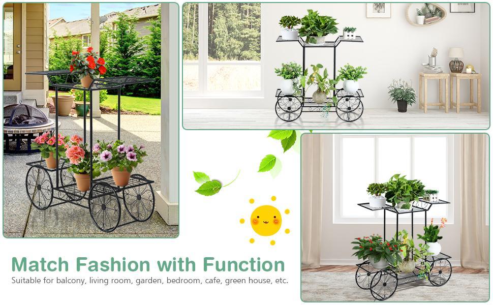 6-Tier Outdoor Garden Cart Metal Flower Rack Display Stand with 4 Wheels