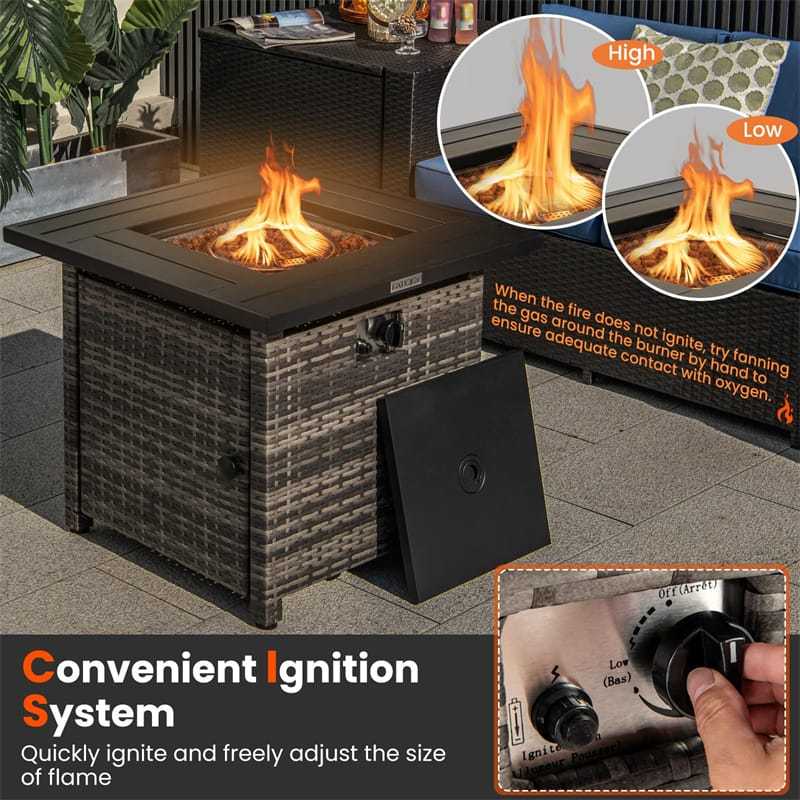29" Wicker Rattan Propane Fire Pit Table 50,000 BTU Outdoor Square Fire Pit with Lava Rocks, Protective Cover, Heavy-Duty Metal Frame & Tabletop