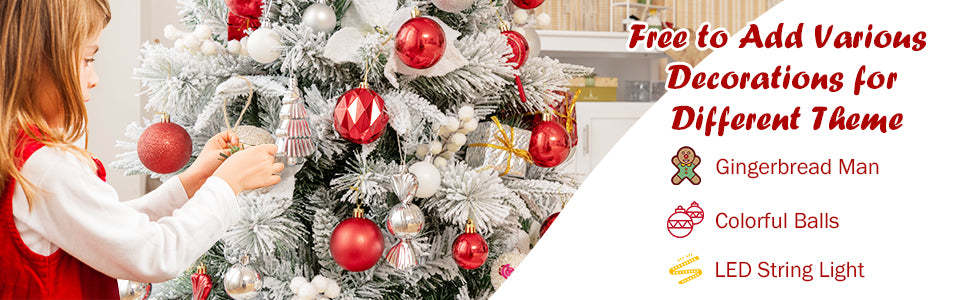 8ft Snow Flocked Hinged Artificial Christmas Tree with Berries and Poinsettia Flowers