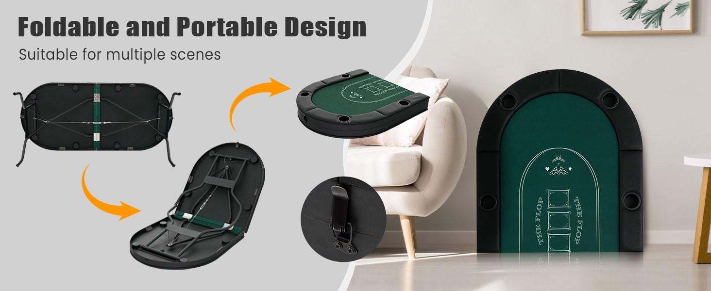 72" Foldable Poker Table, 8-Player Texas Holdem Card Table with Cup Holders, Casino Grade Felt, Portable Oval Blackjack Table for Home Game Room