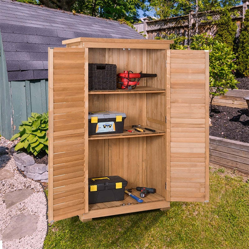 63" Outdoor Wooden Storage Shed, Garden Tool Cabinet with Double Lockable Doors, Latch Detachable Shelves & Pitch Roof for Patio, Lawn, Yard