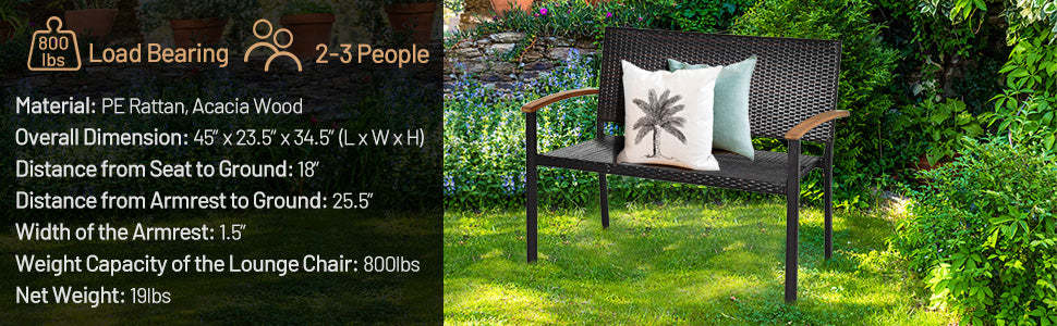 Wicker Patio Bench Rattan Outdoor Loveseat Chair with Armrest for Garden