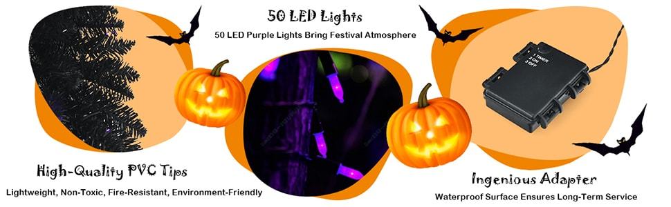 9FT Pre-lit Black Halloween Garland Artificial Christmas Garland with 50 Purple LED Lights