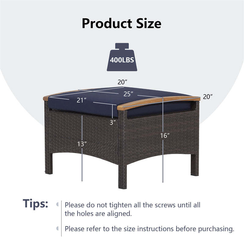 2PCS Patio PE Rattan Ottomans w/ Acacia Wood Handle & Removable Cushion, 3-in-1 Wicker Outdoor Footrest Seat & Side Table for Poolside, Backyard